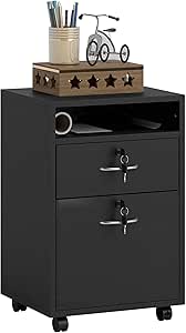 HOMCOM 60cm Filing Cabinet with Drawer, Open Shelf, Metal Handles and 4 Wheels, Office Home Organiser Mobile Printer with Two Locks, Black