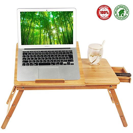 Laptop Desk Tray, Notebook, Ipad, Book Holder & Stand , Breakfast Serving Bed Tray, Adjustable & Foldable with Flip Top and Drawer, 100% Bamboo - by Ecobambu