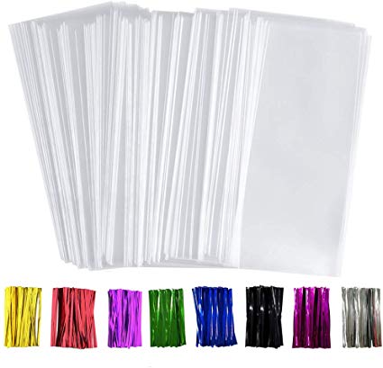 Benail 300 Pack 4h x 9h Treat Bags Plastic OPP Bags with Gusset Bottom 1.4 mils Thickness Multi-Purpose Coming with 300 Colorful Twist Ties