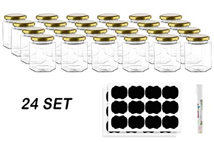 Hexagon Glass Jars by Nellam - 10 OZ, 24 Pack - Includes 48 Chalk Sticker Labels and 2x Chalk Pen. DIY Jars for Canning, Party Favors, Jams, Sauces, Herbs, Spices. (Gold Lid - 24 Pcs)