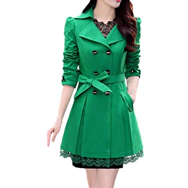 WOCACHI Womens Trench Coat Double-Breasted Coats Bowknot Sashes Outwear Lace Hem