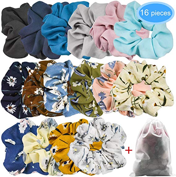 EAONE 16 Pieces Chiffon Hair Scrunchies Flower Hair Scrunchies Ties Hair Bobbles Ponytail Holder with Pouch Bag for Women Girls, 16 Colors