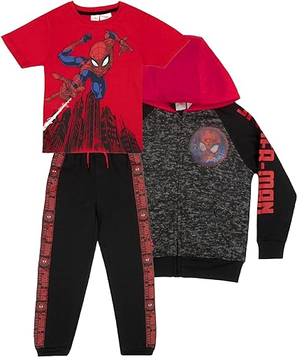 Marvel Spiderman Boys 3 Piece Fleece Pants Set, Spider-Man Zip-Up Hoodie, T-Shirt, and Pants 3-Pack Bundle Set