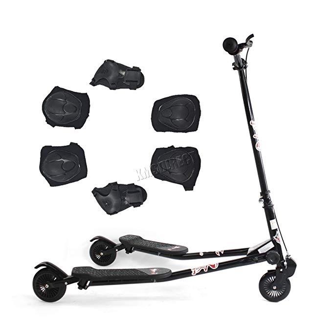 FoxHunter TRX Pro4 Tri Scooter | Black Mini Winged Push Scooter for kids | Trike Slider Drifter | 3 Wheel Boys   Girls Scooter | *FREE SAFETY GEAR INCLUDED*