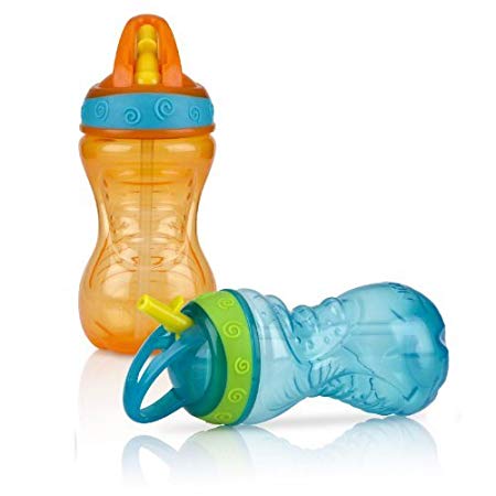 Nuby 2 Count Flip and Tip Hard Straw Cup, 10 Ounce - Blue/Orange