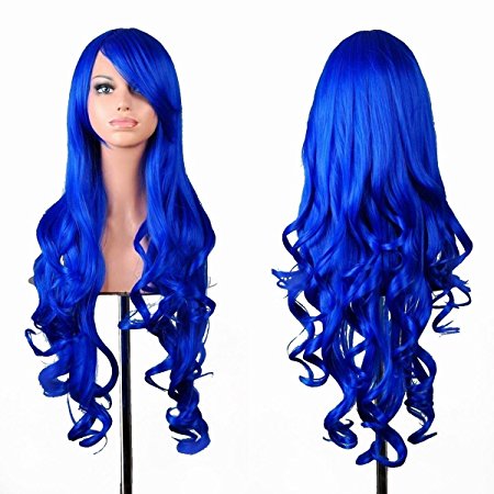 32" Long Hair Heat Resistant Spiral Curly Cosplay Wig Dark Blue