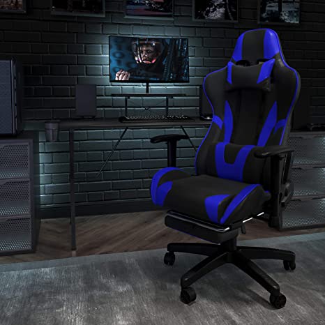 Flash Furniture BlackArc X20 Gaming Chair Racing Office Ergonomic Computer PC Adjustable Swivel Chair with Fully Reclining Back in Blue LeatherSoft