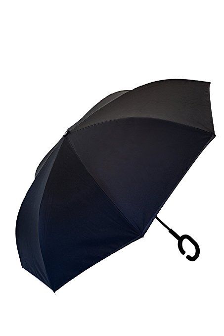 INVERTED UMBRELLA DOUBLE LAYER WINDPROOF UV PROTECTIVE HANDS FREE REVERSIBLE CAR UMBRELLA Black