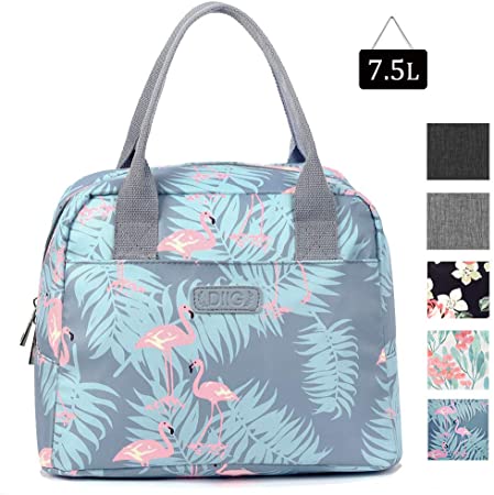 DIIG Lunch Bag for Women, Large Reusable Insulated Lunch Box for Work, Adult Foldable Tote for Office, Freezable Bag with Pocket, Gray/Floral/Flower/Flamingo Printing (Flamingo)