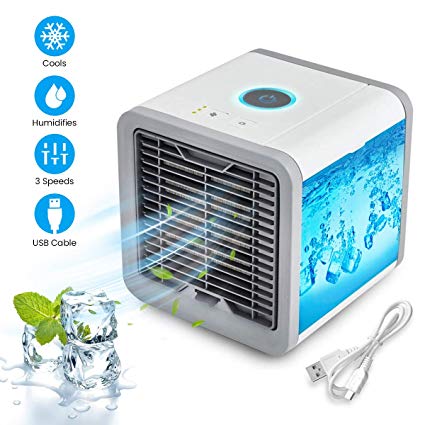 OUTERDO Personal Space Cooler, 4 in 1 Portable Air Conditioner Fan with Waterbox, Purifier Humidifier USB Fan with 7 Color LED 3 Fan Speed, Ultra-Quiet Mini Evaporative Cooler for Home Office Outdoor