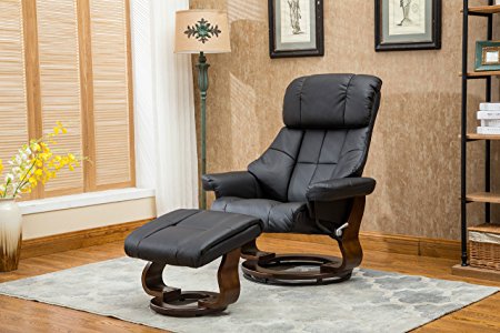 Mid Century Modern Bonded Leather Lounge Swivel and Recliner Chair with Foot Stool and Mahogany Wood Base (Black)