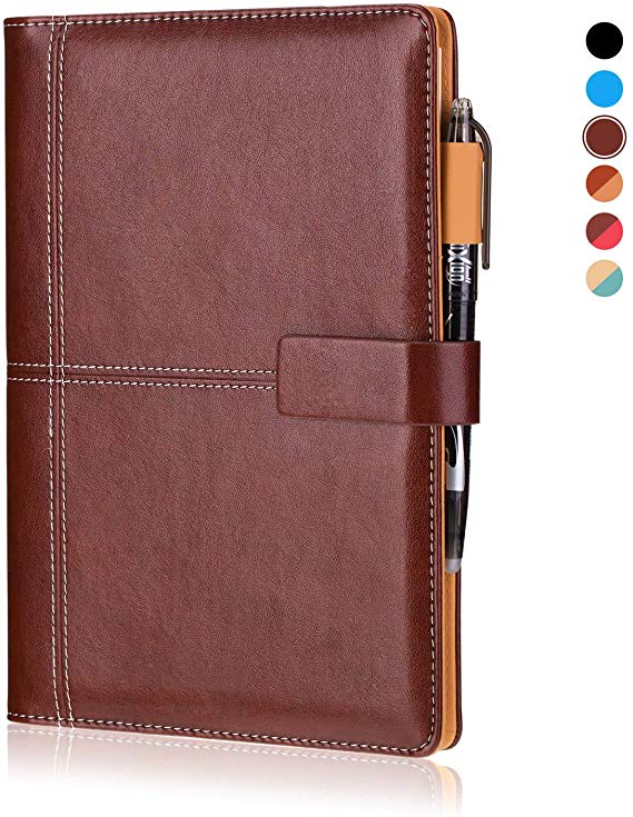 KYSTORE A5 Reusable Smart Erasable Leather Notebook, Notebooks and Journals Hardcover Writing Note Book Executive Notebook Heat Erase Paper Wide Ruled Blank 108 Pages with Erasable Pen [Coffee]