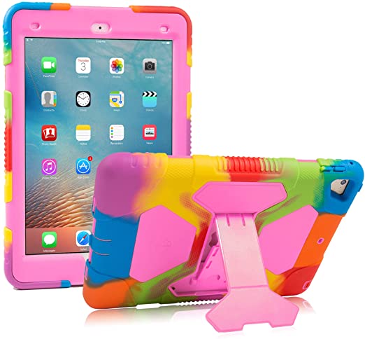 iPad 9.7 2018/2017, iPad Air 2, iPad Pro 9.7 Case for Kids Full Body Protective Shockproof Cover with Adjustable Kickstand for iPad 9.7 5th / 6th Generation (Rainbow/Pink)