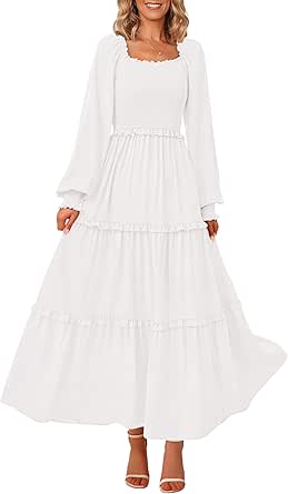 PRETTYGARDEN Women's Smocked Maxi Dress Casual Long Sleeve Square Neck Tiered A Line Flowy Dresses with Pockets