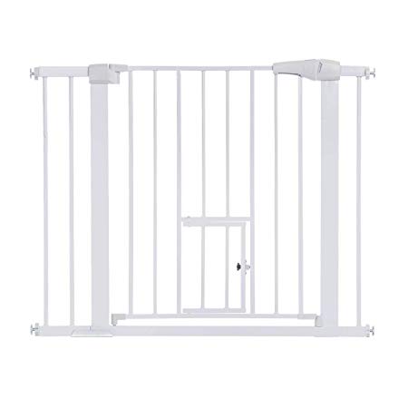 KingSo 40.5'' Auto Close Safety Baby Gate Extra Wide Metal Walk Thru Baby Gate with Pet Door for House Stairs Doorways Hallways, Includes 2.75'' 5.5'' Extension Kit, 4 Pressure Bolts, 1 Key(White)