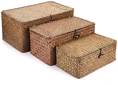 Hipiwe Set of 3 Natural Seagrass Storage Baskets with Lid - Large Handwoven Wicker Storage Bins Rectangular Household Organizer Boxes Shelf Wardrobe Organizer, Coffee