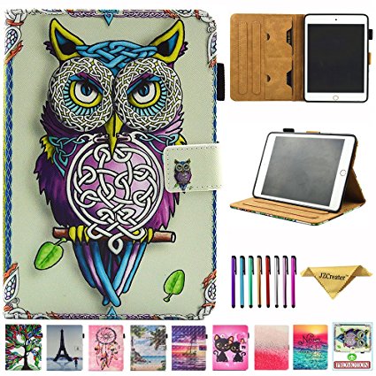 iPad Mini Case, JZCreater [Card Slots] PU Leather Kickstand Case Cover Flip Folio Wallet Protective Case for iPad Mini 2/3(7.9 Inch) [Free Cleaning Cloth,Stylus Pen],Owl