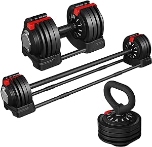 Yaheetech Mancuernas Ajustables 3 en 1 Pesas y Mancuernas Ajuste Rápido de 1,5kg a 18 kg / 3kg a 24kg con 3 Modos Mancuerna & Kettlebell & Barbell para Fitness