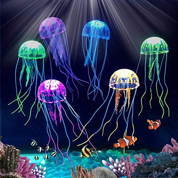 Abnaok Glowing Aquarium Decorations Set, 6pcs Glowing Jellyfish Ornament Silicone Floating Jellyfish for Aquarium Fish Tank Ornament