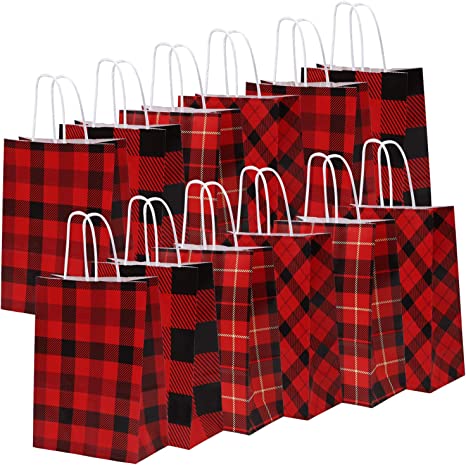 Cooraby 20 Pieces Red and Black Plaid Paper Party Bags Gift Bag Christmas Bag Birthday Kraft Party Bags with Handle for Wedding and Party Celebrations