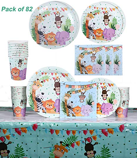 Jungle Safari Animals Themed Birthday Party Tableware Serves 20 Guests - Dinner Dessert Plates Napkins Cups Table Covers - Jungle Safari Party Supplies - Forest Zoo Animal Party Dinnerware Set