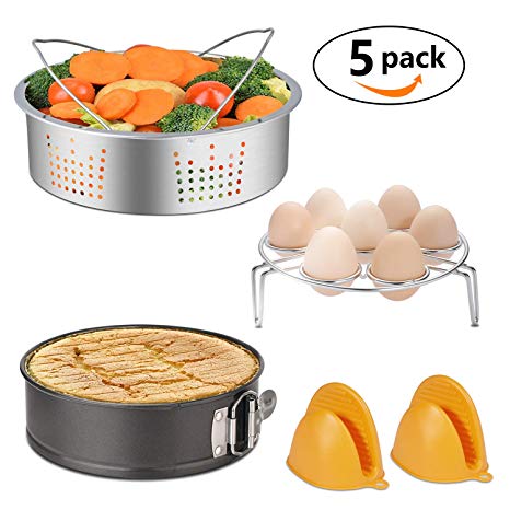 Instant Pot Accessories Set with Stainless Steel Steamer Basket, Egg Steamer Rack, Non-stick Springform Pan, Steaming Stand, 1 Pair Silicone Cooking Pot Mitts Fits 5,6,8 Quart Qt Instant pot Pressure Cooker (5 in 1) By MIBOTE