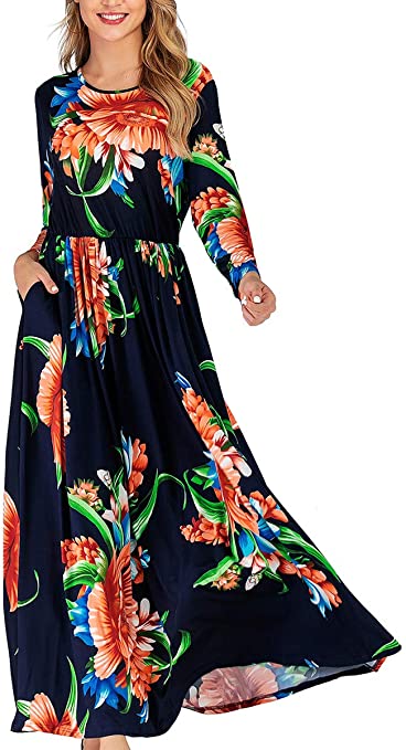 Women's Long Sleeve Floral Casual Loose Boho Maxi Dress with Pockets