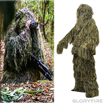 GLORYFIRE Ghillie Suit Woodland Forest Camouflage Hunting Apparel for Wargame Wildlife Photography Shooting Halloween Airsoft Paintball 3D Tactical Wear Conceal Suit Gun Cover Head Cover 5PCS XL/XXL