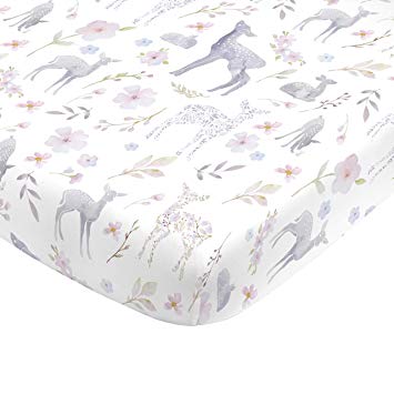 NoJo Super Soft Floral Deer Nursery Crib Fitted Sheet, Grey, Light Blue, Pink, White