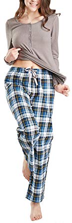 Ink Ivy Women Pajamas Set, Fleece & Cotton Ladies Pjs 2 Piece - Long Sleeve Rib Henley Top & Flannel Pants …