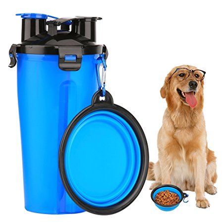 Foloda 2 in 1 Dog Drinking Water Bottle with Bowl, Portable Pet Outdoor Dispenser Water Cup Food Container for 250g Snack and 350ml Water