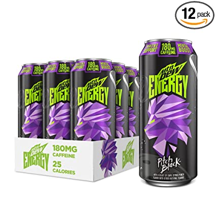 MTN DEW ENERGY, Pitch Black, 0g added sugar, 5% juice, Zinc to help support immune function, Citicoline and caffeine for mental boost*, Antioxidants Vitamins A&C, Limited Edition, 16oz Cans (Pack of 12)