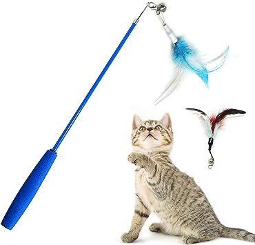 Havenfly Retractable Cat Feather Teaser Wand Toy,Interactive Cat Feather Toys with Bell,Flying Cat Feather Teaser with 2 PCS Feathers,Kitten Feather Toy for Indoor Cats Playing/Exercise (1PC)