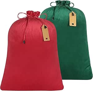 Shintop 2pcs Velvet Santa Sacks, 27x20 inch Drawstring Christmas Gift Bags Reusable Santa Bag Large Wrapping Bag with Gift Tag for Xmas Presents Toys