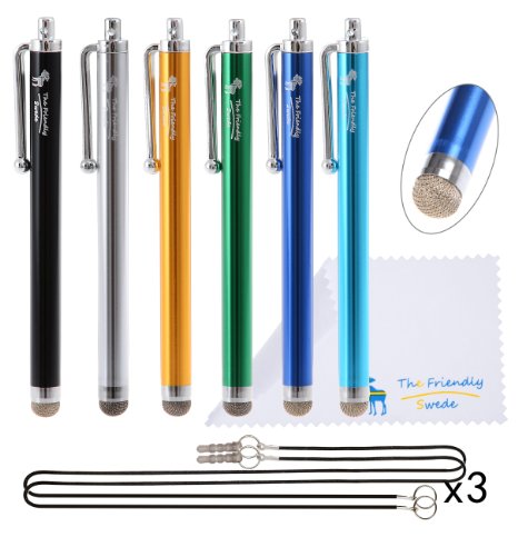 The Friendly Swede Bundle of 6 Micro-Knit Hybrid Fiber Tip Universal Capacitive Stylus Pens 4.5" for Smart Phone Touch Pad   6 x 15'' Elastic Tether Lanyards   Cleaning Cloth in Retail Packaging