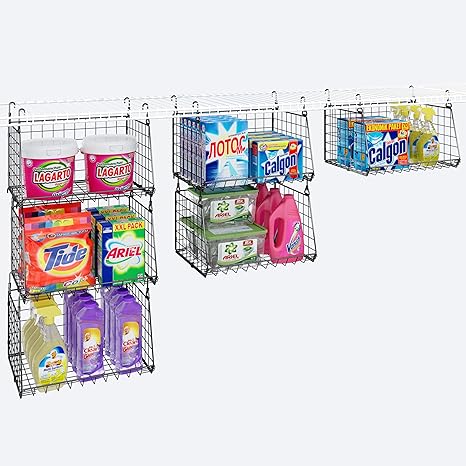 3-Tier Hanging Metal Laundry Basket：Foldable Laundry Room Organizer Wire Shelf Basket with 360°Rotating Hooks Space Saving Over Washer and Dryer Shelves - Closet Storage in Laundry Room Organizaton