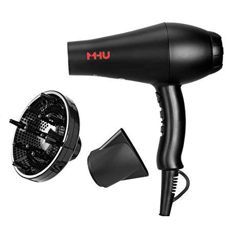 MHU Pro Salon Grade Far Infrared Hair Dryer 1875W Fast Drying Negative Ion Powerful Blow Dryer Low Noise with 2 Speed & 3 Heat Settings plus Concentrator and Diffuser, Black