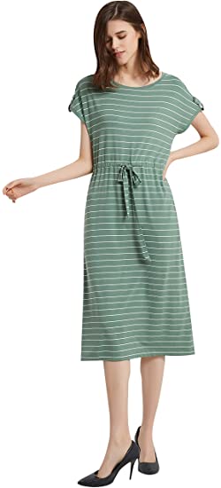 STRIPELAND Women's Striped Dress, Summer Casual Loose Swing Midi Dress with Pockets & Waist Tie,12 Colors XS-4XL