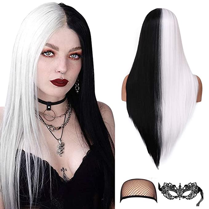 fani 22 inch Half Black Half White Long Straight Wigs Women Middle Part Wig Synthetic Hair Wigs for Halloween Cosplay Makeup Party Replacement Hair