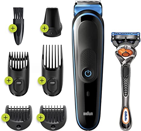 Braun 7-in-1 Trimmer Mgk3245 Beard Trimmer for Men, Face Trimmer and Hair Clipper, Black/blue , 1 count