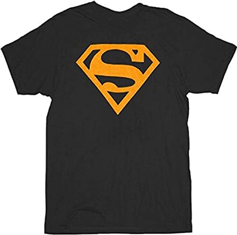 Superman Neon ORANGE Logo Black Mens T-shirt Tee (Adult Small)