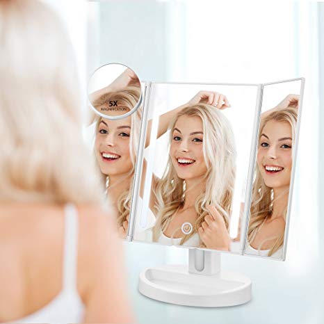 Jerrybox Makeup Vanity Mirror with LED Lights Trifold Cosmetic Mirror with Touch Screen, Dual Power Supply,180° Adjustable Rotation 5X Magnification Mirror