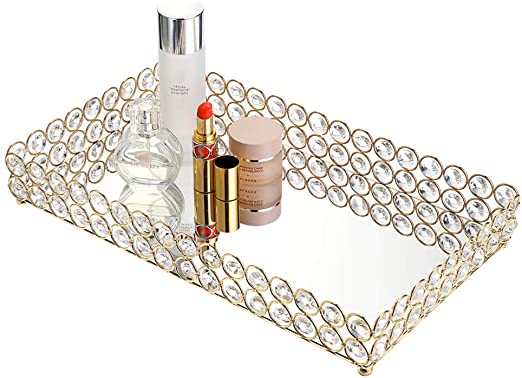 Hipiwe Crystal Cosmetic Makeup Tray -13.7" 7.8" Large Mirrored Vanity Tray Jewelry Trinket Organizer TrayTray Home Decorative Dresser Tray Bathroom Tray