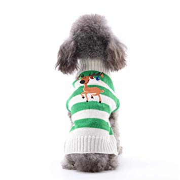 ABRRLO Dog Sweaters Christmas Outfits Costume Puppy Cat Winter Warm Knitwear Hoodies Sweatshirt Pet Clothes (L, Green stripe reindeer)