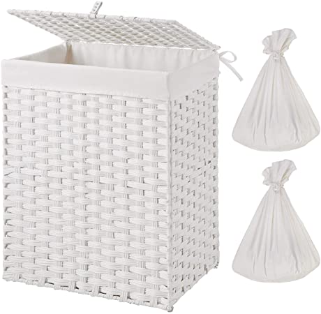 Greenstell Handwoven Laundry Hamper with 2 Removable Liner Bag, Synthetic Rattan Laundry Basket with Lid and Handles, Foldable and Easy to Install White (Standard Size)