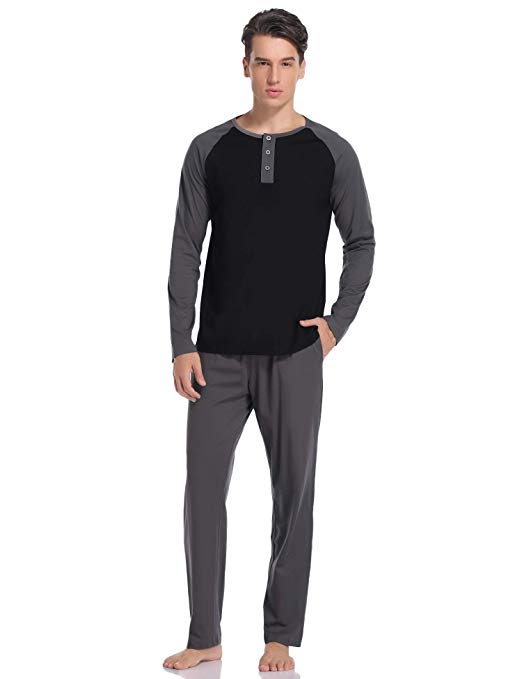 Aibrou Men's Cotton Pajamas Set Long Sleeve Pjs Sleepwear Lounge Set Raglan Shirt and Pants