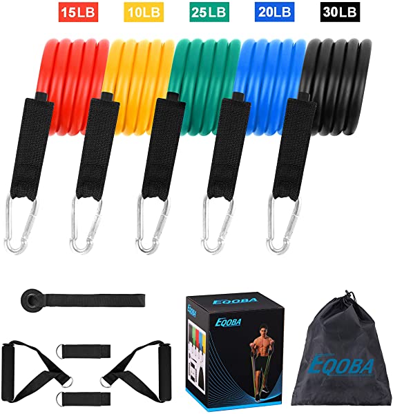 Eqoba 11 PC Resistance Bands Set, Exercise Training Tubes with Door Anchor, Handles, Carry Bag, Legs Ankle Straps for Training, Physical Therapy, and Home Workouts, Portable Home Gym Accessories