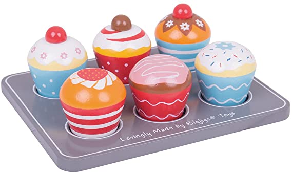 Bigjigs Toys Wooden Cupcakes and Wooden Muffin Tray - Play Food and Role Play for Kids