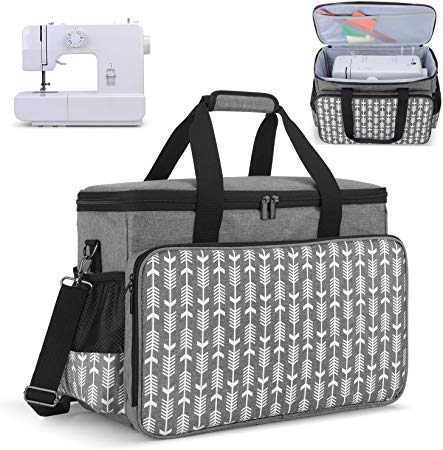 Yarwo Sewing Machine Carrying Case with Bottom Wooden Board, Universal Sewing Machine Tote Compatible with Most Standard Sewing Machine and Accessories,Gray with Arrow