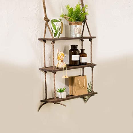 3 Tier Wall Hanging Shelves Wood Window Shelf Rustic Storage Rack Home Decor Plants Photos Decorations Display for Living Room Bathroom Bedroom Kitchen Apartment Office (Brown)